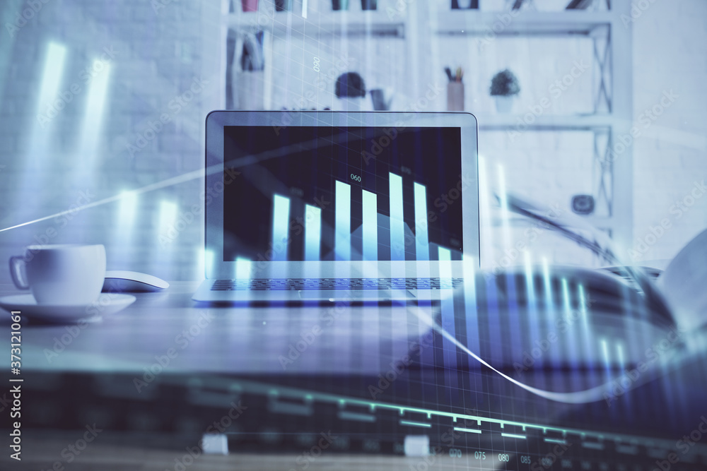 Stock market graph on background with desk and personal computer. Double exposure. Concept of financial analysis. Stock market graph on background with desk and personal computer. Double exposure. Concept of financial analysis.