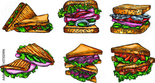 A large set of sketches of sandwiches in the artline style. High drawing of details and elements.