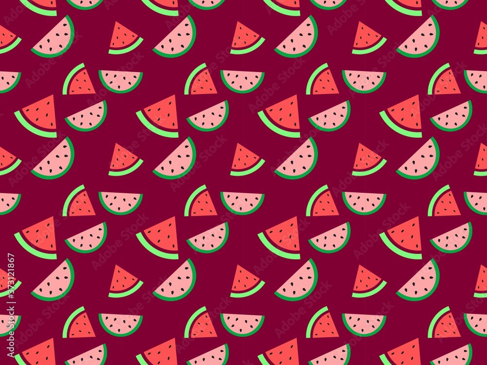 Seamless watermelons pattern. Cute vector with dark background. Vector ilustration with dark pink and green colors. Soft color. Seamless watermelons pattern. Cute vector with dark background. Vector ilustration with dark pink and green colors. Soft color.