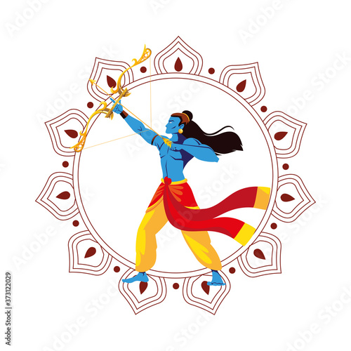 lord ram cartoon with bow and arrow in front of mandala vector design