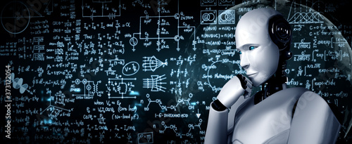 Bild auf Leinwand Thinking AI humanoid robot analyzing screen of mathematics formula and science equation by using artificial intelligence and machine learning process for the 4th industrial revolution