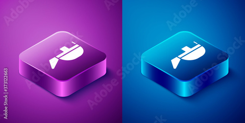 Isometric Fencing helmet mask icon isolated on blue and purple background. Traditional sport defense. Square button. Vector Illustration.