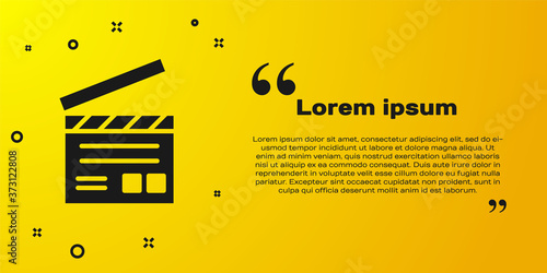 Black Movie clapper icon isolated on yellow background. Film clapper board. Clapperboard sign. Cinema production or media industry. Vector Illustration.