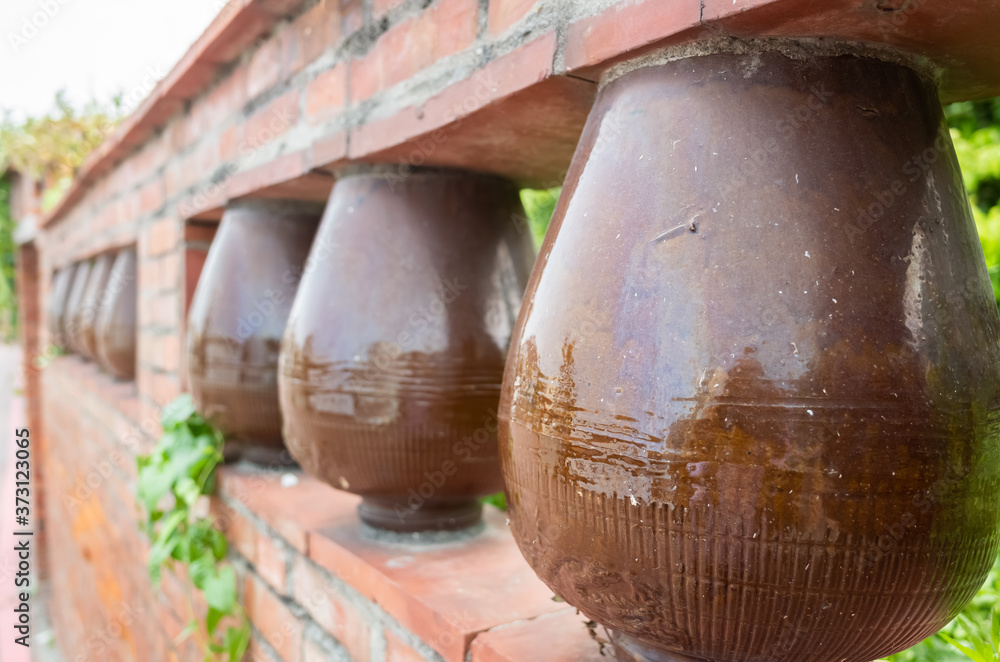 brick wall with pottery decoration brick wall with pottery decoration