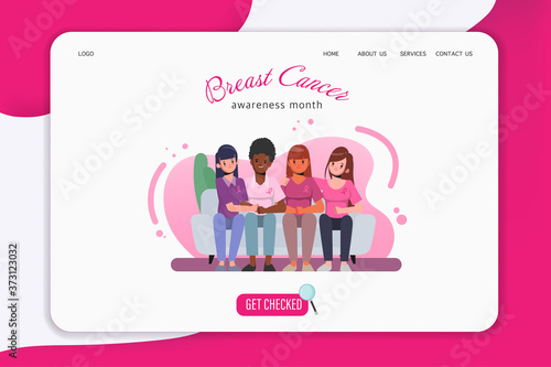 Breast cancer awareness month web landing page. Homepage and link button to get checked. © Felizlalala
