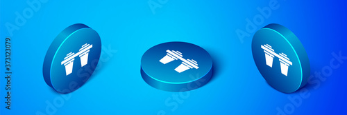 Isometric Water filter icon isolated on blue background. System for filtration of water. Reverse osmosis system. Blue circle button. Vector Illustration.