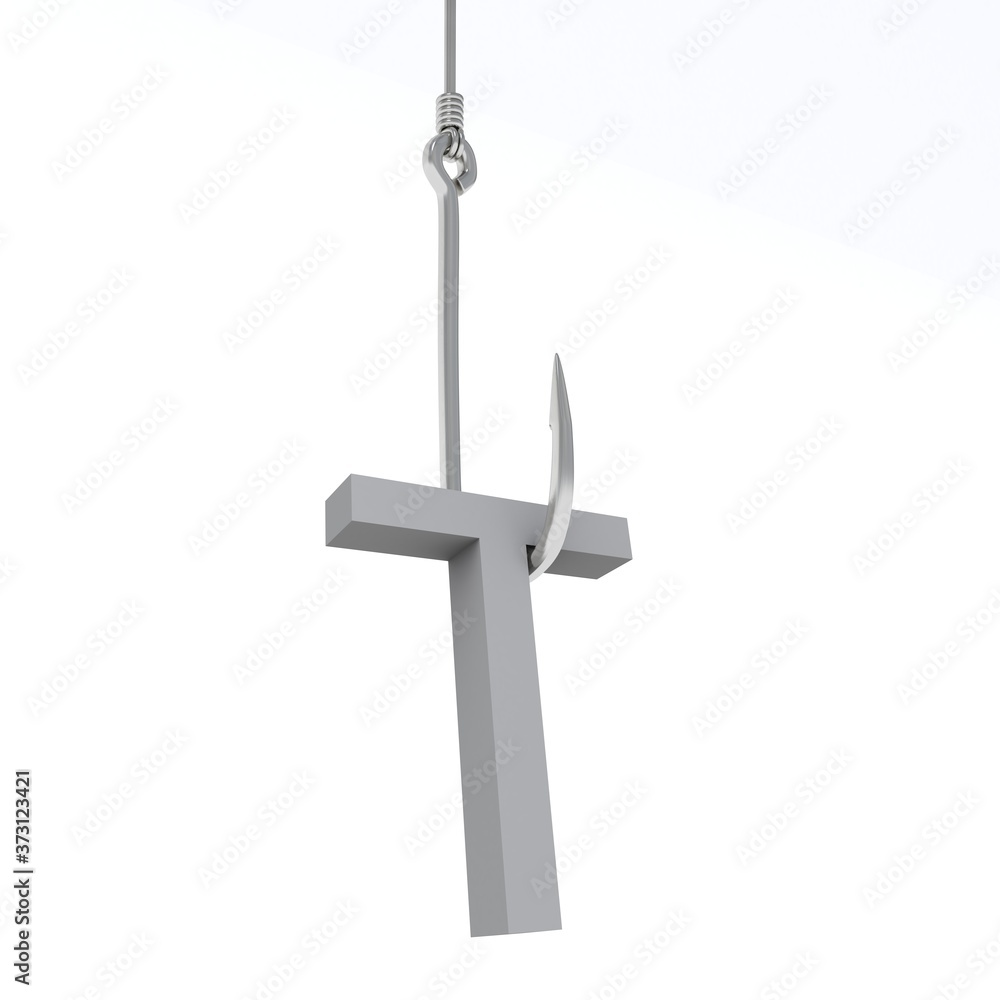 3D illustration of letter caught on a fish hook 3D illustration of letter caught on a fish hook