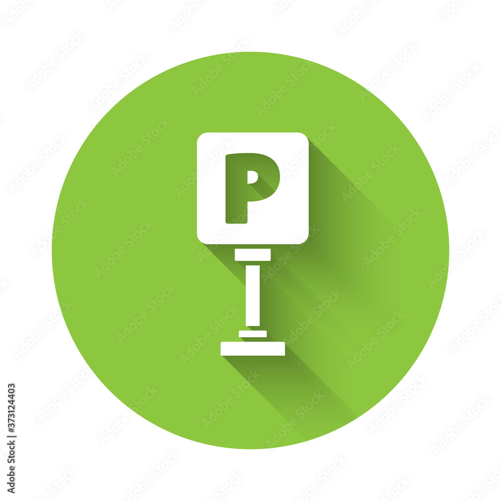 White Parking icon isolated with long shadow. Street road sign. Green circle button. Vector Illustration. White Parking icon isolated with long shadow. Street road sign. Green circle button. Vector Illustration.