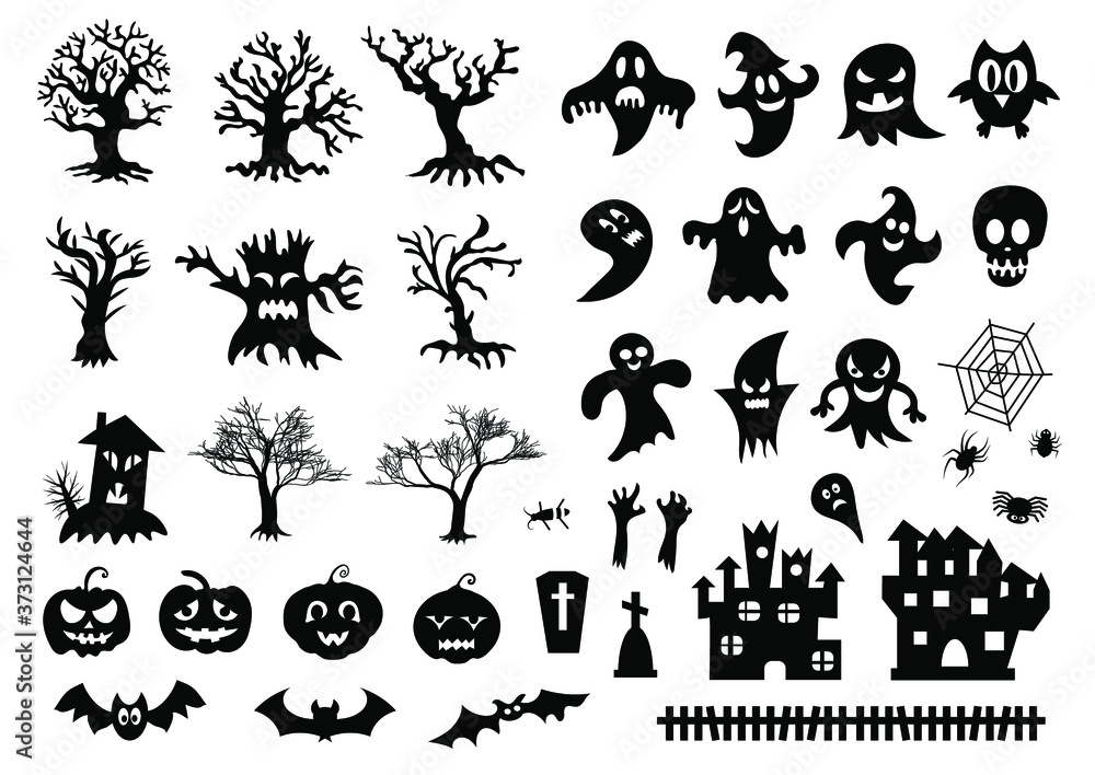 Set of silhouettes of Halloween on a white background. Vector illustration	