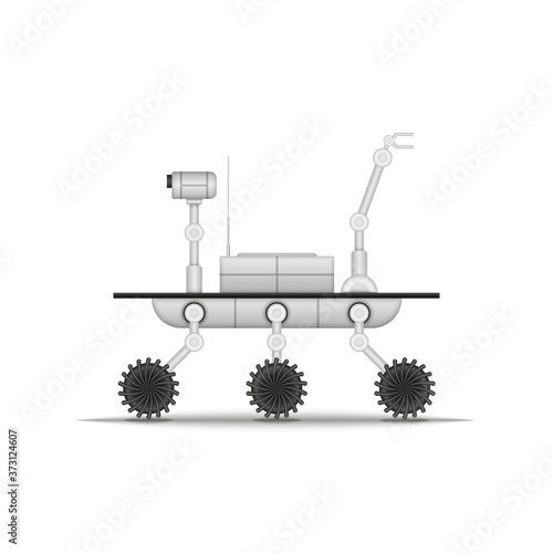 Mars rover or lunar rover side view with manipulator and video camera, clipart realistic vector 3d model isolated on white