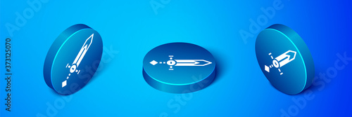 Isometric Medieval sword icon isolated on blue background. Medieval weapon. Blue circle button. Vector.