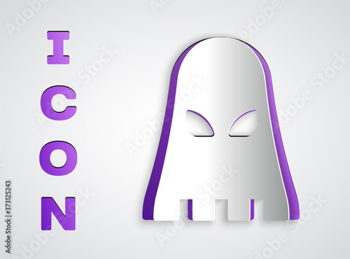 Paper cut Executioner mask icon isolated on grey background. Hangman, torturer, executor, tormentor, butcher, headsman icon. Paper art style. Vector.