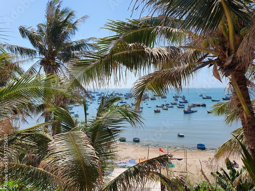 Beautiful blue sky and beach at the NhaTrang in Vietnam. Amazing view through the plants infront of the sea.