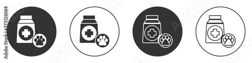Black Bag of food for dog icon isolated on white background. Dog or cat paw print. Food for animals. Pet food package. Circle button. Vector.