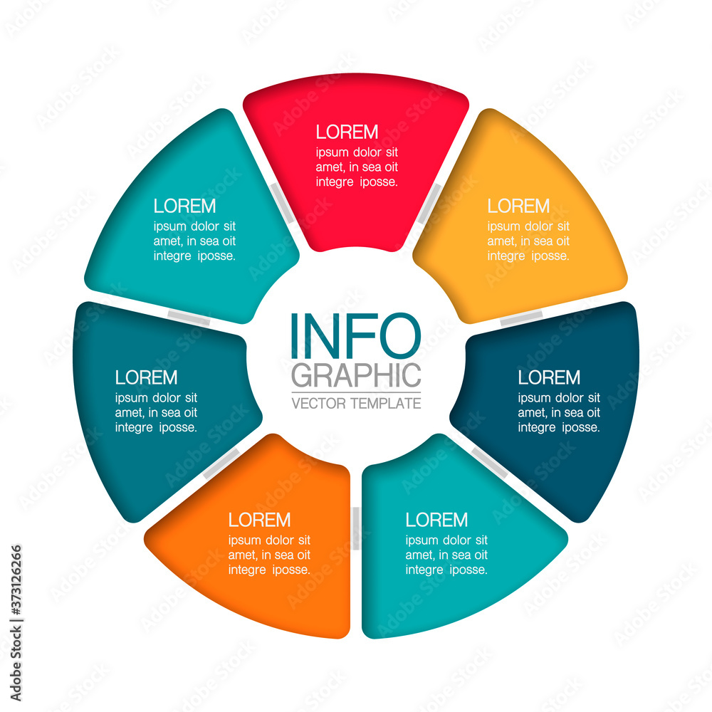 Vector infographic template, circle with 7 steps or options. Data presentation, business concept design for web, brochure, diagram.
