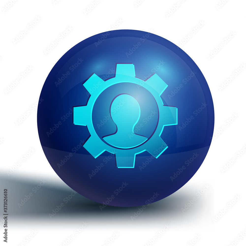 Blue Human with gear icon isolated on white background. Artificial intelligence. Thinking brain sign. Symbol work of brain. Blue circle button. Vector. Blue Human with gear icon isolated on white background. Artificial intelligence. Thinking brain sign. Symbol work of brain. Blue circle button. Vector.