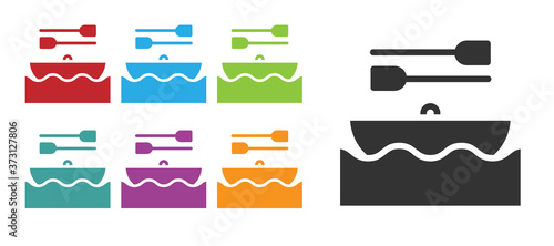 Black Boat with oars icon isolated on white background. Water sports, extreme sports, holiday, vacation, team building. Set icons colorful. Vector.