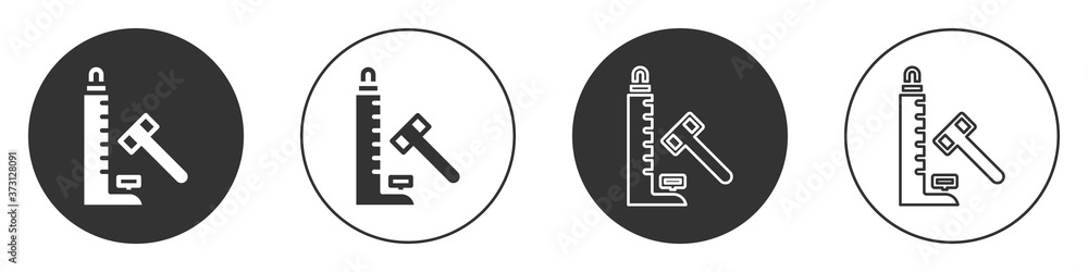 Obraz premium Black High striker attraction with big hammer icon isolated on white background. Attraction for measuring strength. Amusement park. Circle button. Vector.