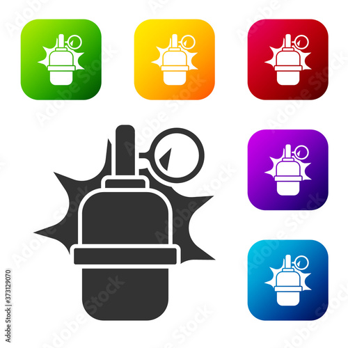 Black Hand grenade icon isolated on white background. Bomb explosion. Set icons in color square buttons. Vector.