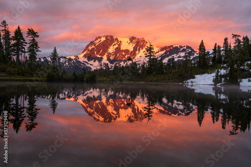 sunset over the lake in Mt Baker Wilderness Washington