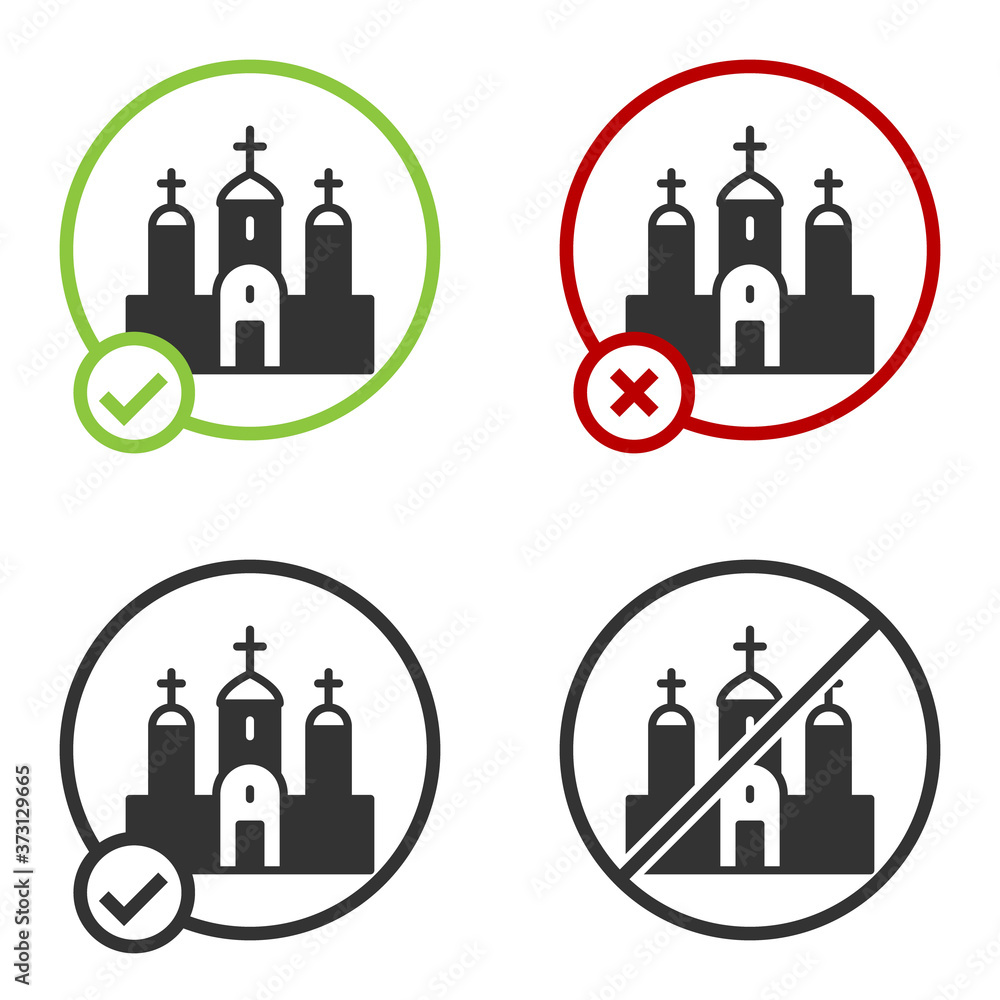 Black Church building icon isolated on white background. Christian Church. Religion of church. Circle button. Vector.
