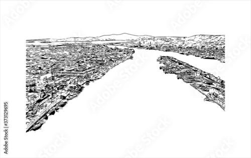 Building view with landmark of Araruama is a municipality in the state of Rio de Janeiro, Brazil. Hand drawn sketch illustration in vector.