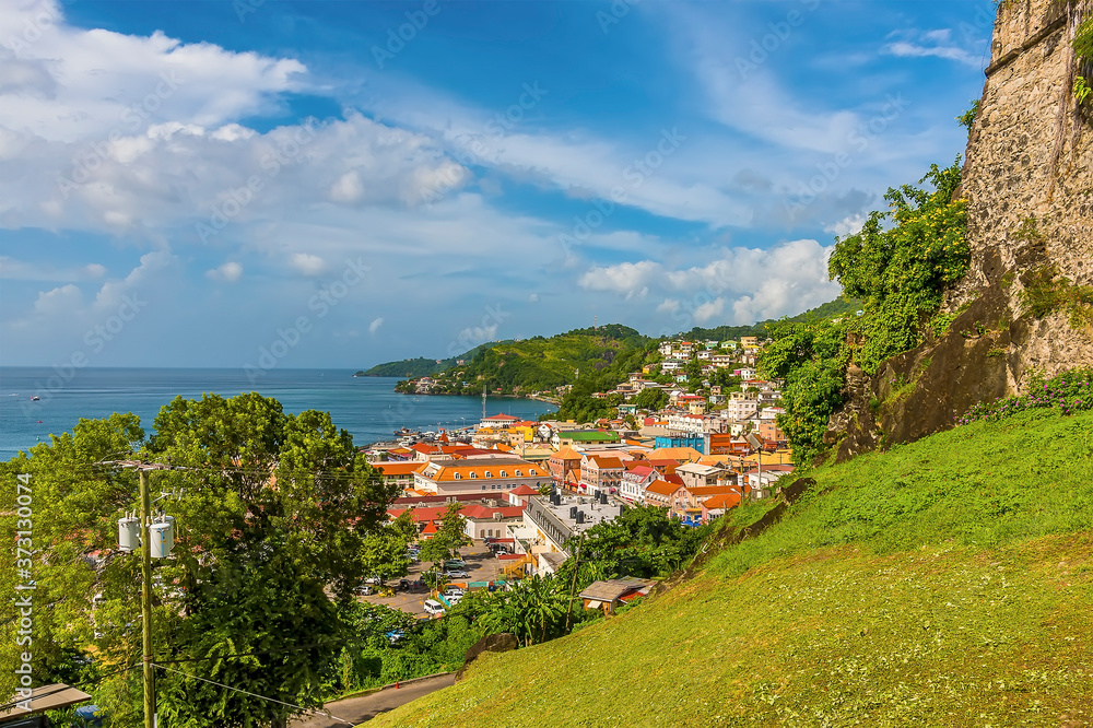 A view over St Georges from the base of Fort St George in Grenada