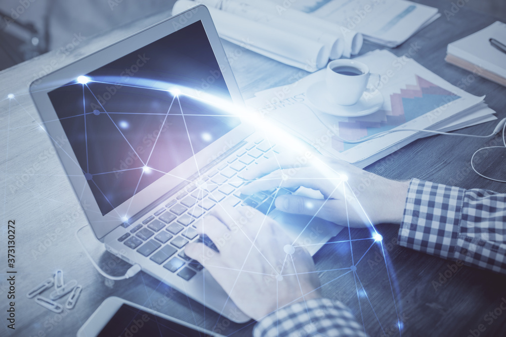 Social network theme hologram with businessman working on computer on background. Concept of world wide web. Double exposure. Social network theme hologram with businessman working on computer on background. Concept of world wide web. Double exposure.
