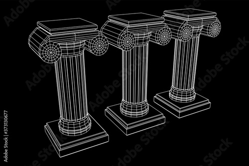 Greek ionic column. Ancient pillars roman antique architecture construction decoration. Wireframe low poly mesh vector illustration.