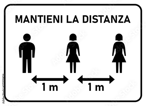 Mantieni La Distanza ("Keep Your Distance" in Italian) Social Distancing Instruction Sign. Vector Image.