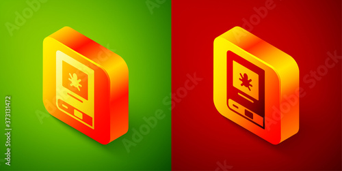 Isometric Book about insect icon isolated on green and red background. Square button. Vector.