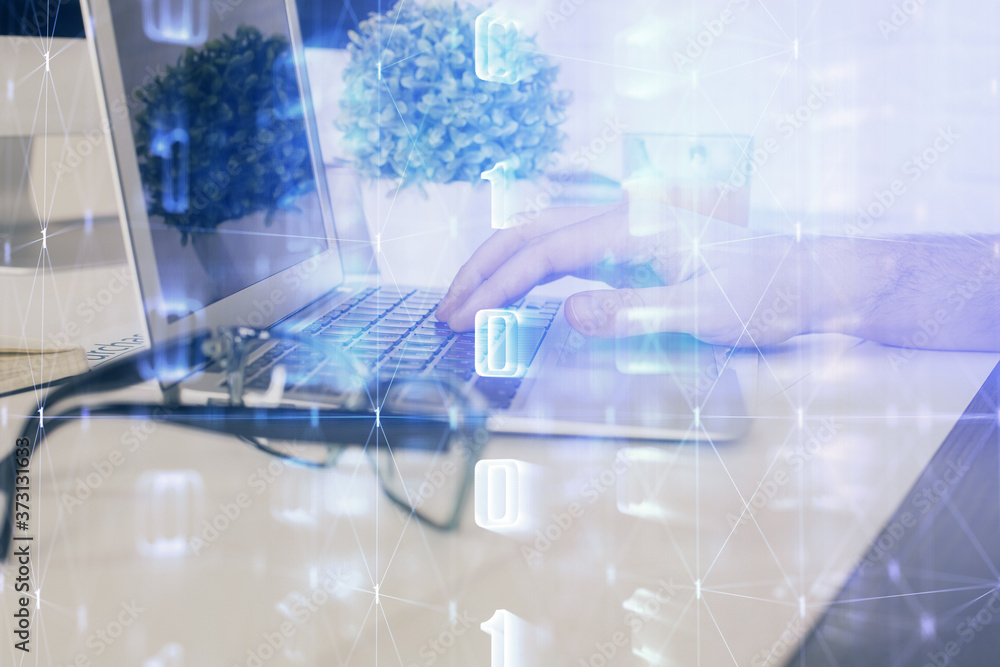 Multi exposure of tech drawings with man working on computer background. Concept of innovation. Multi exposure of tech drawings with man working on computer background. Concept of innovation.