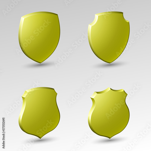 Four Protection shield concept. Safety badge icon. Privacy banner. Security label. Defense tag. Presentation sticker shape. Defense sign. illustration