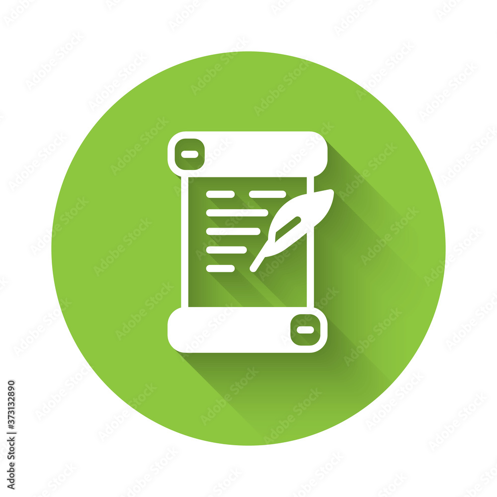 White Decree, paper, parchment, scroll icon icon isolated with long shadow. Green circle button. Vector. White Decree, paper, parchment, scroll icon icon isolated with long shadow. Green circle button. Vector.