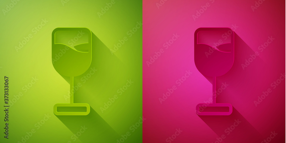 Paper cut Wine glass icon isolated on green and pink background. Wineglass icon. Goblet symbol. Glassware sign. Happy Easter. Paper art style. Vector. Paper cut Wine glass icon isolated on green and pink background. Wineglass icon. Goblet symbol. Glassware sign. Happy Easter. Paper art style. Vector.