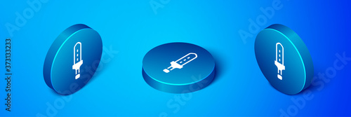 Isometric Medieval sword icon isolated on blue background. Medieval weapon. Blue circle button. Vector.