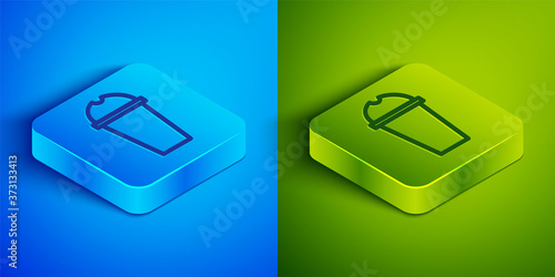 Isometric line Milkshake icon isolated on blue and green background. Plastic cup with lid and straw. Square button. Vector Illustration.