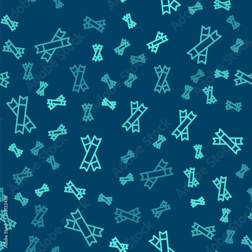Green line Sugar stick packets icon isolated seamless pattern on blue background. Blank individual package for bulk food products as coffee, salt, spices. Vector Illustration.
