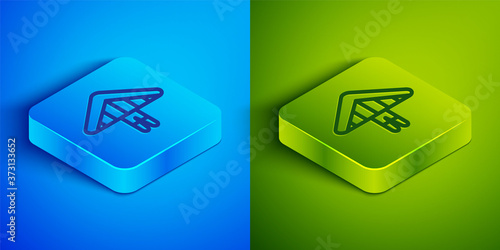 Isometric line Hang glider icon isolated on blue and green background. Extreme sport. Square button. Vector Illustration.
