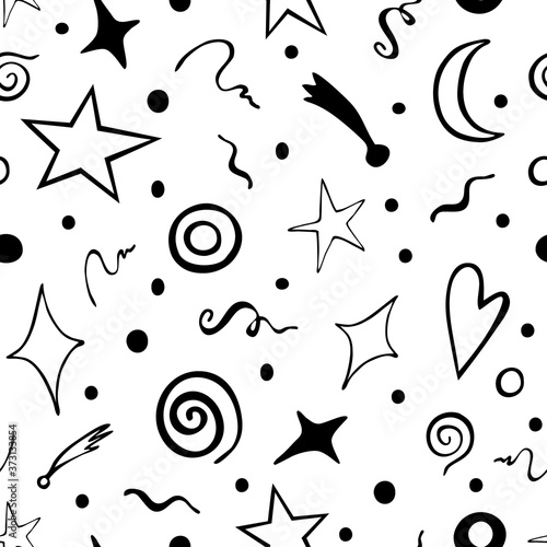 magical seamless pattern of stars, swirls, the moon, comets, and various circles.vector Doodle illustrations