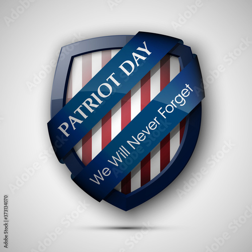 9/11 Patriot Day Poster Template, National holiday in the United States, September 11 in memory. We will never forget. America Shield with Flag Background. illustration for Patriot Day 9.11