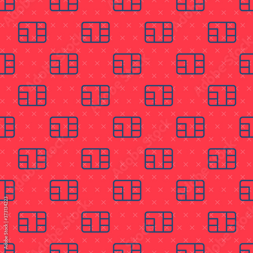 Blue line Credit card with chip icon isolated seamless pattern on red background. Contactless payment. Vector Illustration.
