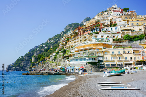 view on Positano hotels and beach on Amalfi coast, Campania, Italy