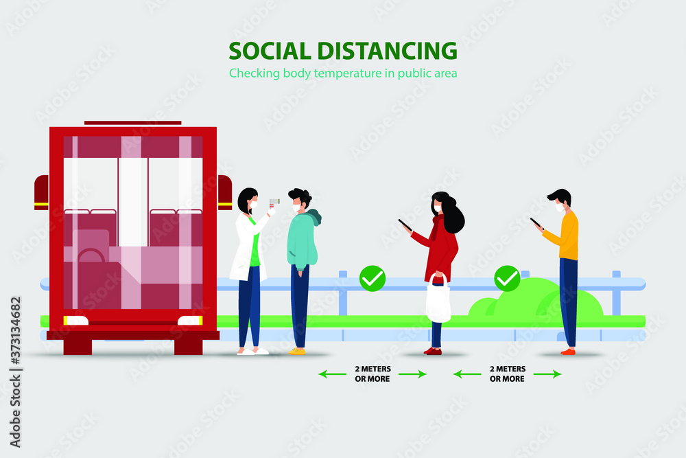 Social distancing and coronavirus prevention. People wear white mask and waiting in the line to check body temperature by health worker and keep distance 2 meters or more before going into the bus.