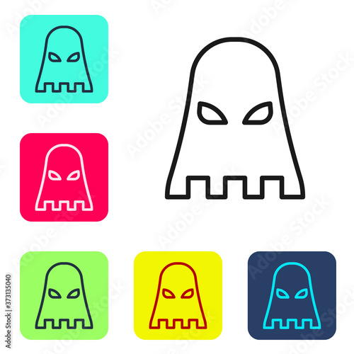 Black line Executioner mask icon isolated on white background. Hangman, torturer, executor, tormentor, butcher, headsman icon. Set icons in color square buttons. Vector.