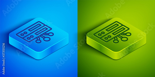 Isometric line Server, Data, Web Hosting icon isolated on blue and green background. Square button. Vector.