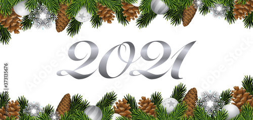 2021 - Bannière ou carte de vœux décorée de branches de sapin, de pommes de pin, de boules de Noël et de cristaux de glace.