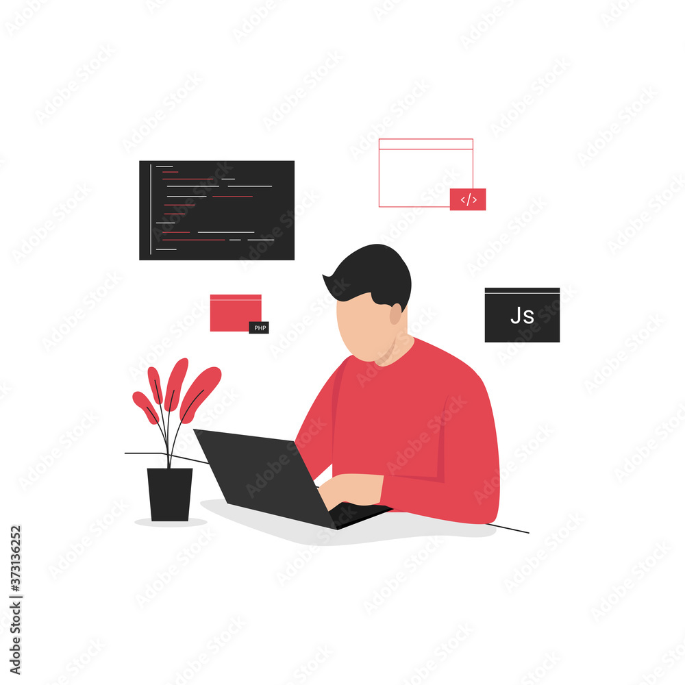 man work use laptop flat illustration man work use laptop flat illustration