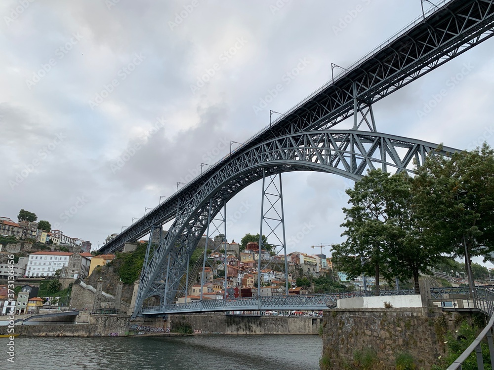 View on ancient city Porto,metallic Dom Luis bridge, Ribeira, Porto, Portugal