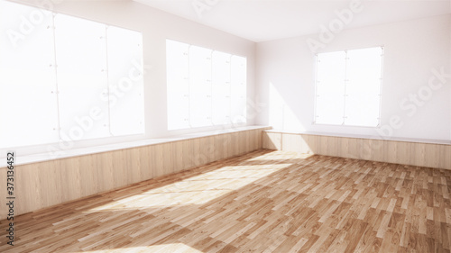 large room  wide open Clean white wall and wood grain floor with sun light into the room.3D rendering